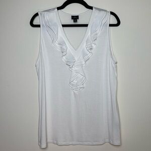 Worthington | Petite White V-Neck Ruffle Front Sleeveless Top | PXL